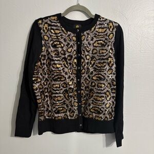 JM Collection Black Sequin Leopard Cardigan Sweater Size Medium Animal Print